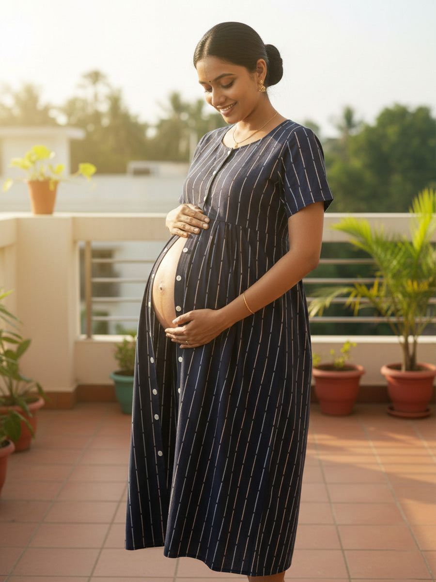 Cotton Full-Open Short Maternity Nighty – Navy Blue Line Print