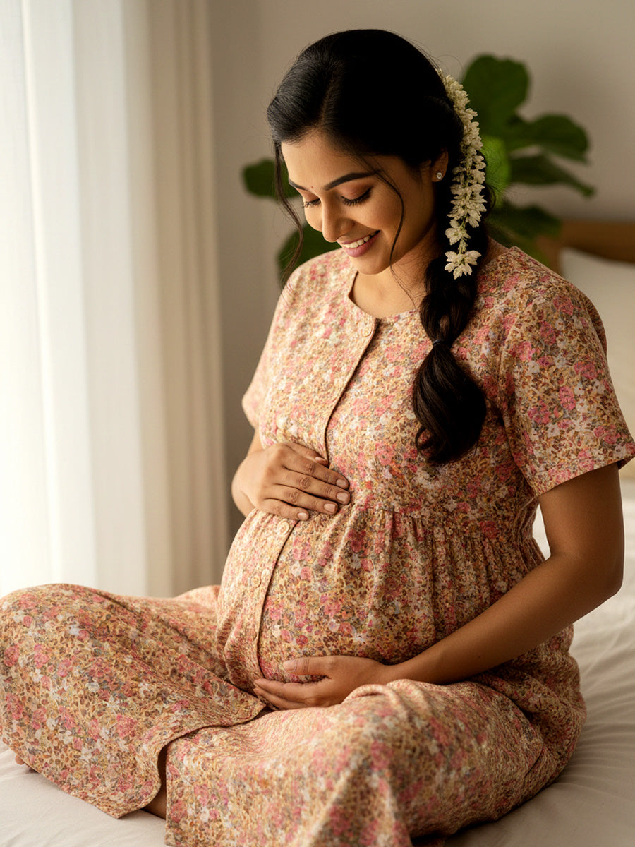 Cotton Full-Open Short Maternity Nighty – Light Brown Floral Print | ziva