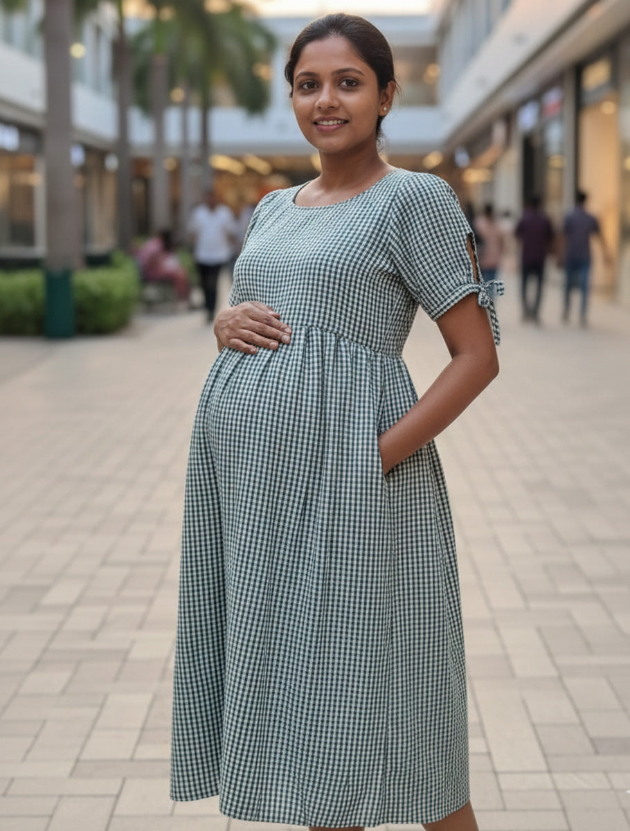 Trendy Maternity & Feeding Dress – Green & Off-White Gingham (Seersucker Fabric)