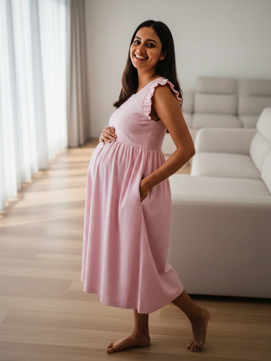 Pink Striped Cotton Maternity & Nursing Dress with Dual Zip Feeding | Ziva