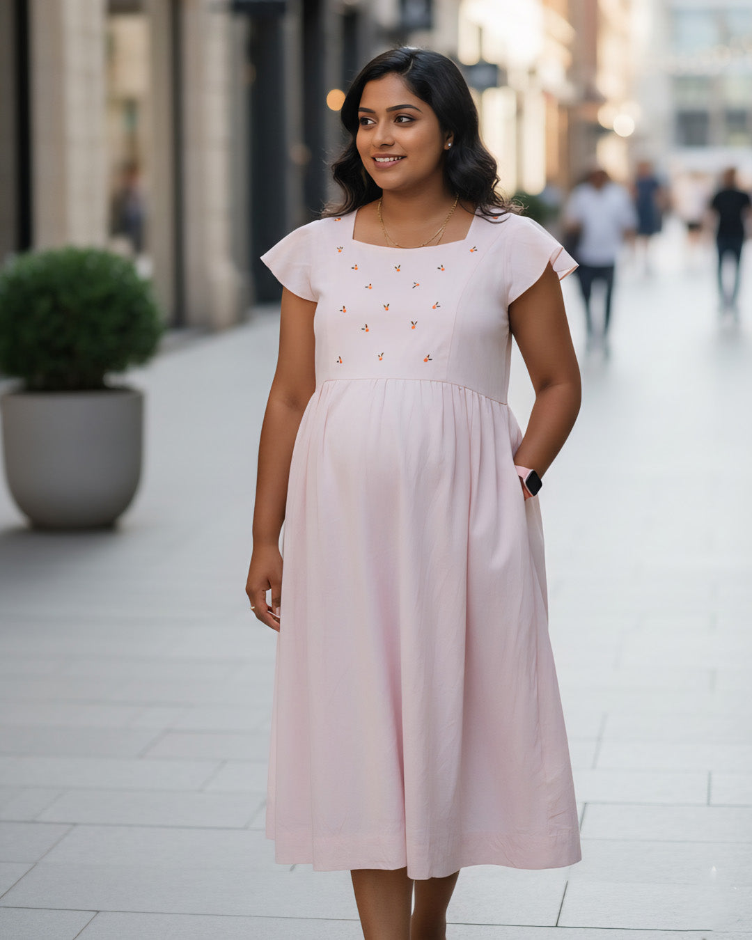 Soft Pink Cotton Maternity Dress with Flutter Sleeves & Nursing Zips ! Ziva