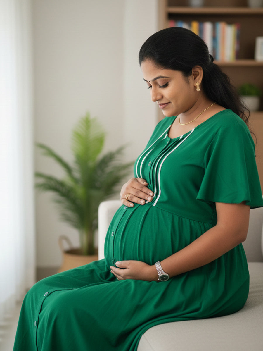 Green Plain Full-Open Feeding Short Nighty with Lace Yoke