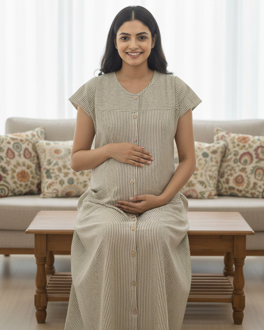 Yellowish Cream Cotton Vertical Striped Full-Open Maternity & Nursing Nighty