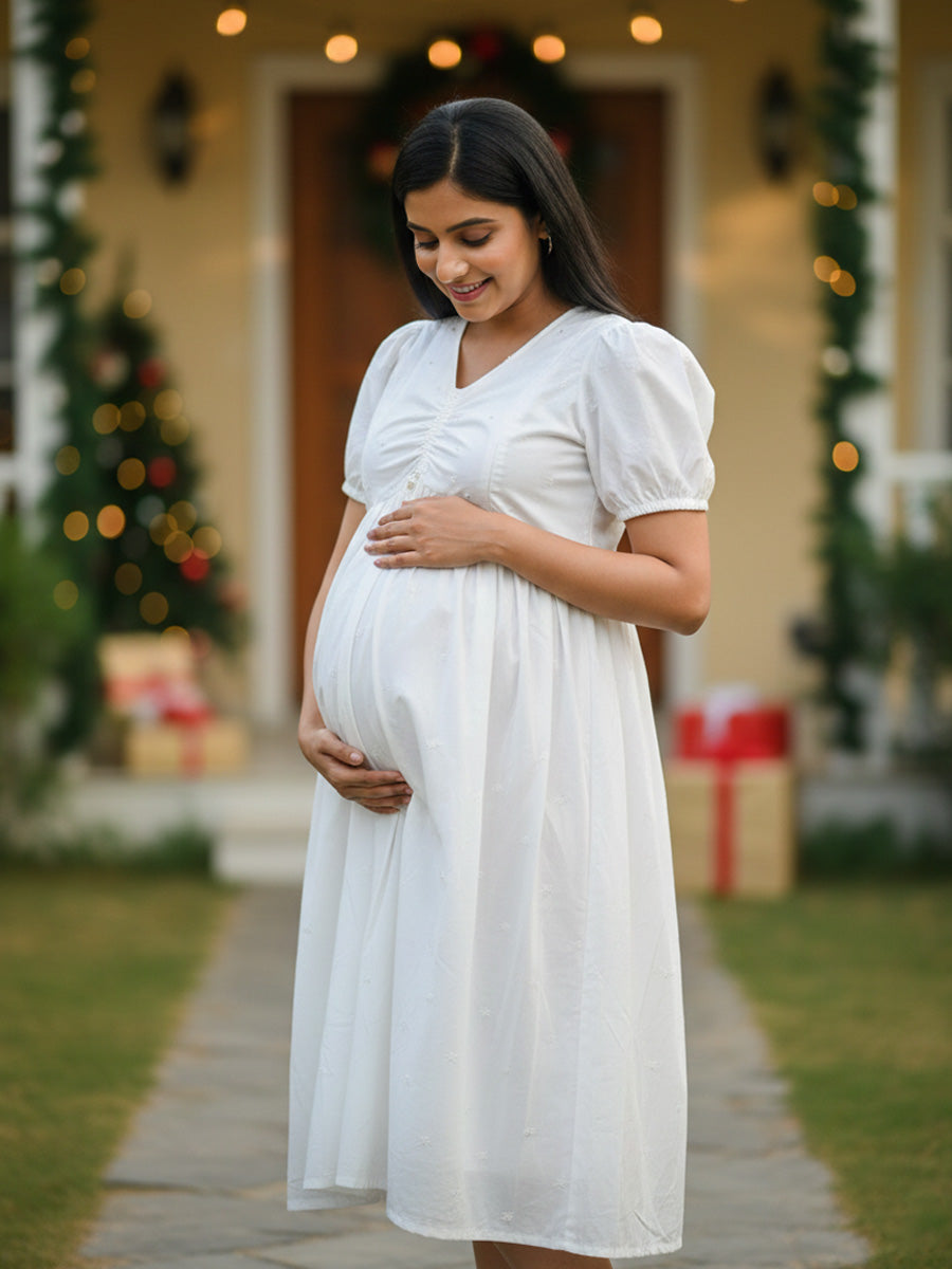 White Cotton Maternity & Feeding Dress with Bead & Thread Work – Christmas Edition