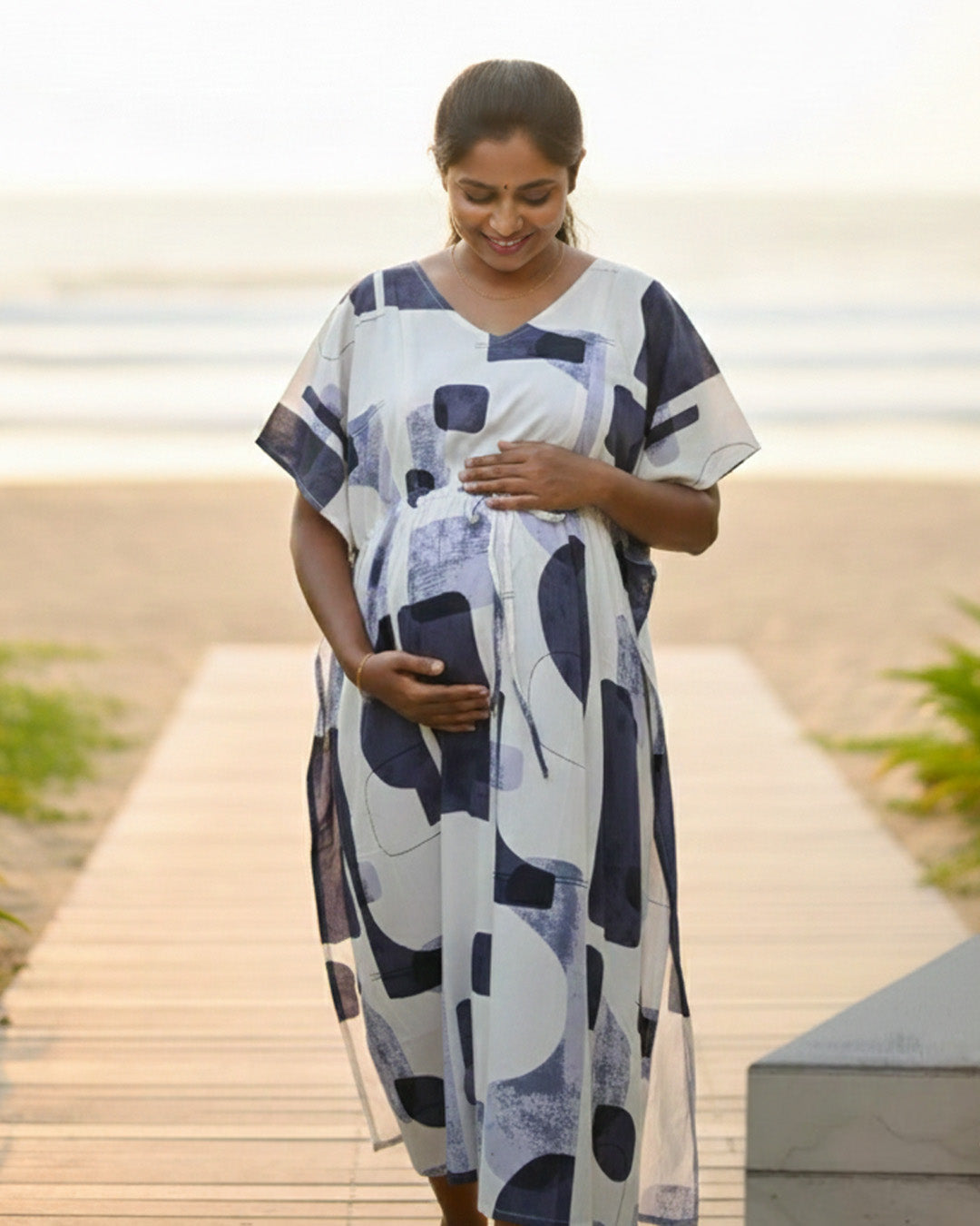 Maternity & Nursing Kaftan – White with Navy, Indigo & Lavender Abstract Print & Dual Zips | Ziva