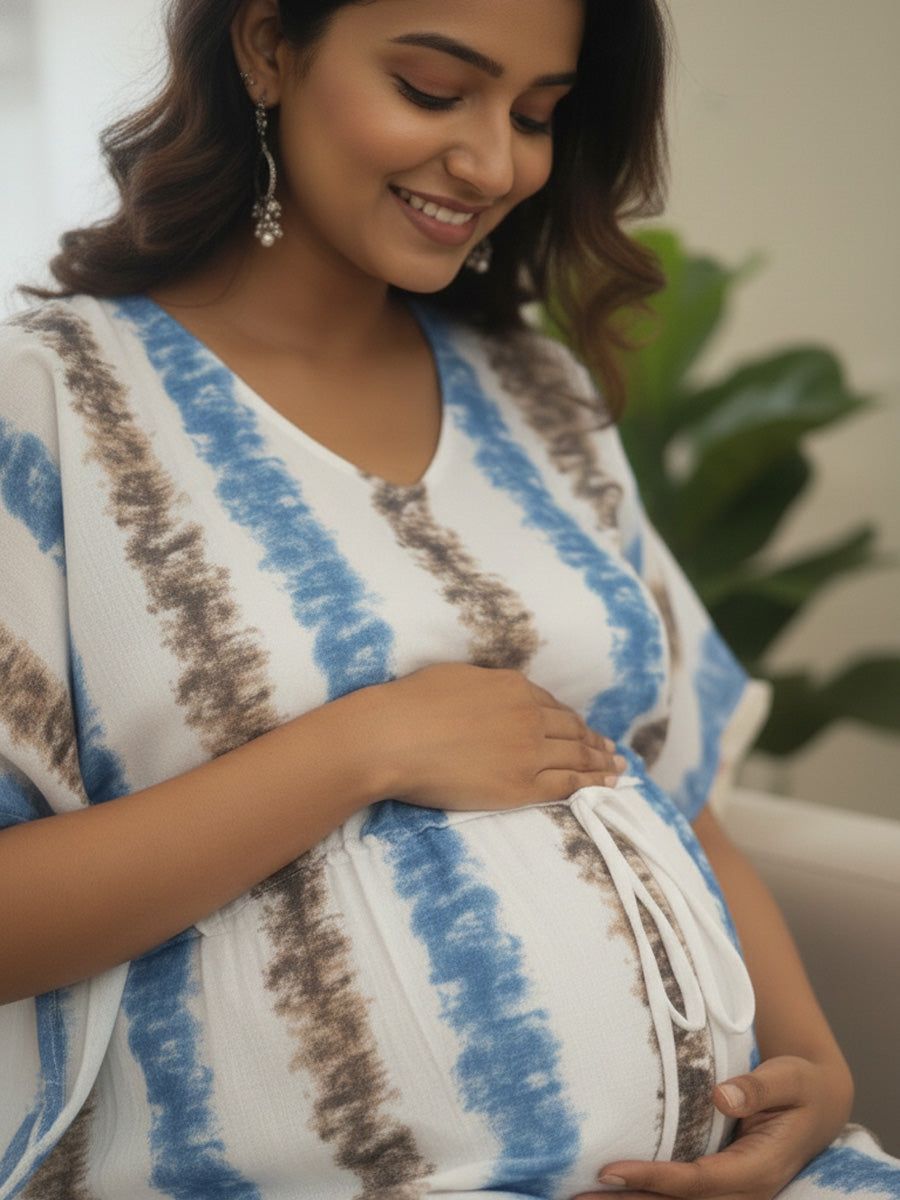 White Brushstripe Maternity & Feeding Kaftan | Ziva Maternity wear