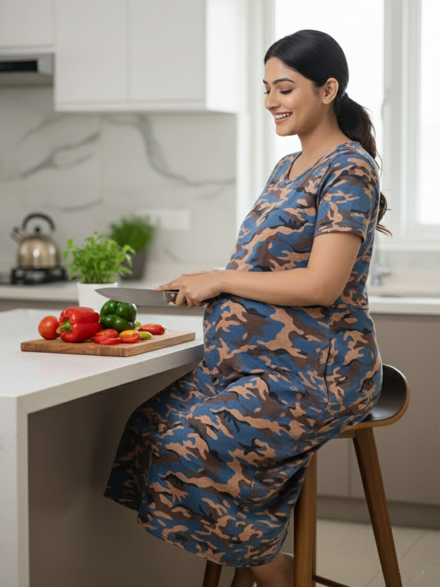 Navy Blue Camouflage Zipless Feeding Dress ,  Pull-Up Nursing Access | ziva