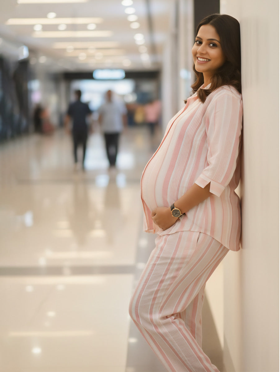 Ziva Pink & Peach Cotton Striped Maternity & Feeding Co-ord Set with Inner Baniyan (3-Piece Set)