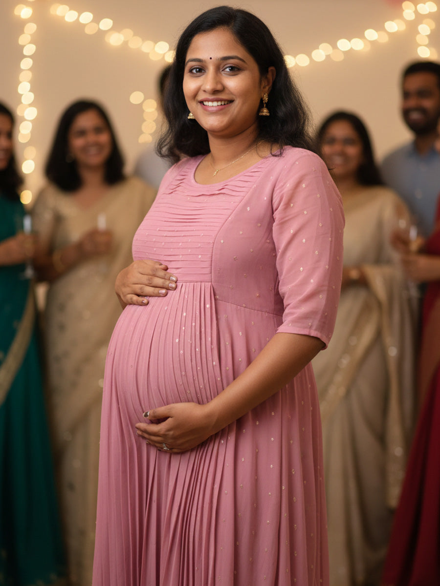 Dusty Pink Pleated Party Wear Maternity & Nursing Dress Ziva ZIVAMOMS Dusty Pink Pleated Party Wear Maternity & Nursing Dress Ziva ZIVAMOMS