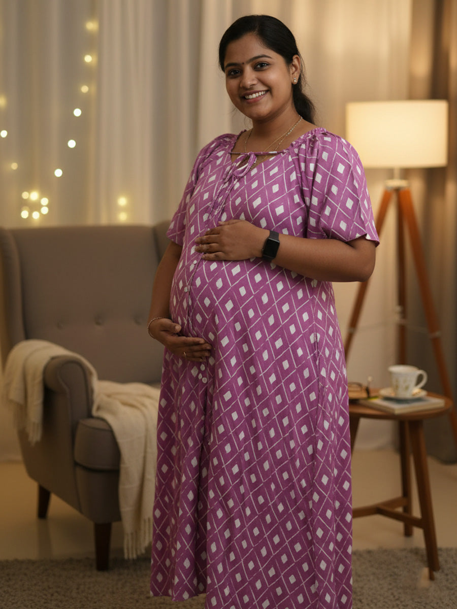 Maternity & Nursing Short Nighty – Purple Geometric Print by Ziva