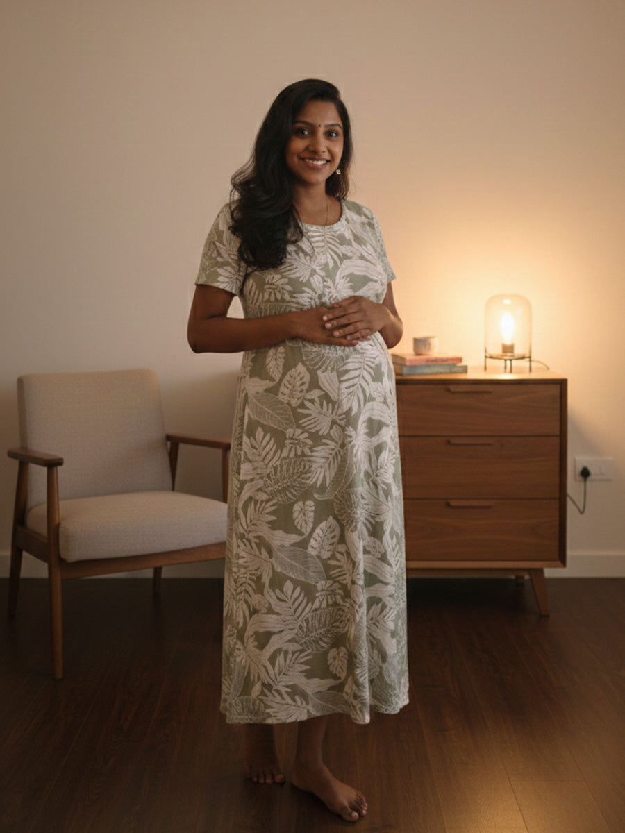 Zipless Maternity & Feeding Dress – Sage Green Tropical Leaf Print | Ziva