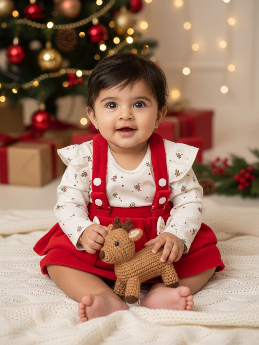 White Ruffle Sleeve T-Shirt & Red Velvet Suspender Skirt Baby Girl Outfit