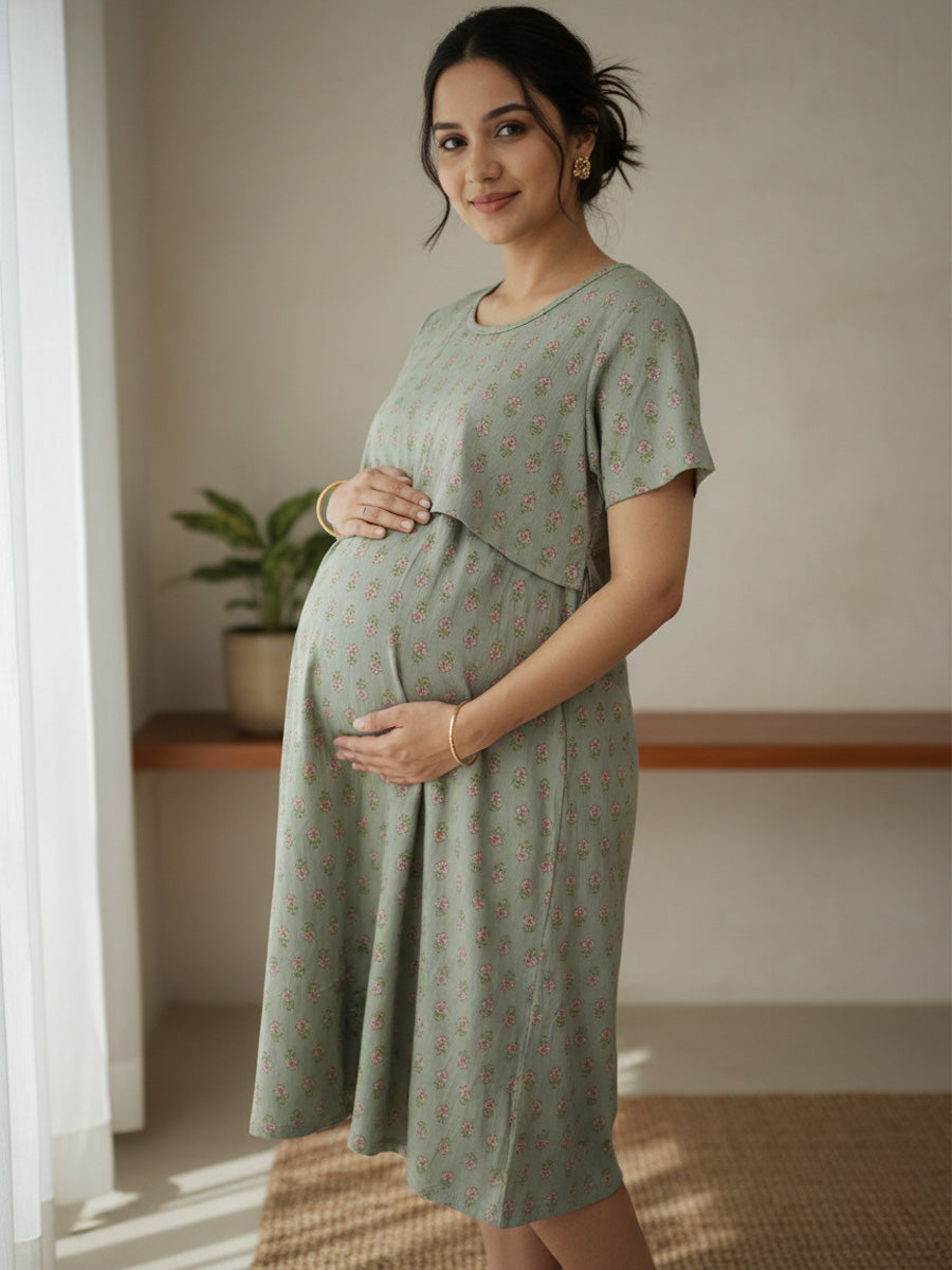 Zipless Maternity & Feeding Dress – Olive Green Floral Print | Ziva