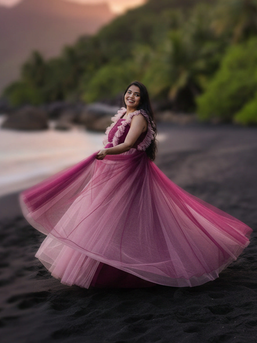 Wine & Pink Shaded Baby Shower & Photoshoot Gown with Pleated Yoke and Flowing Net Skirt