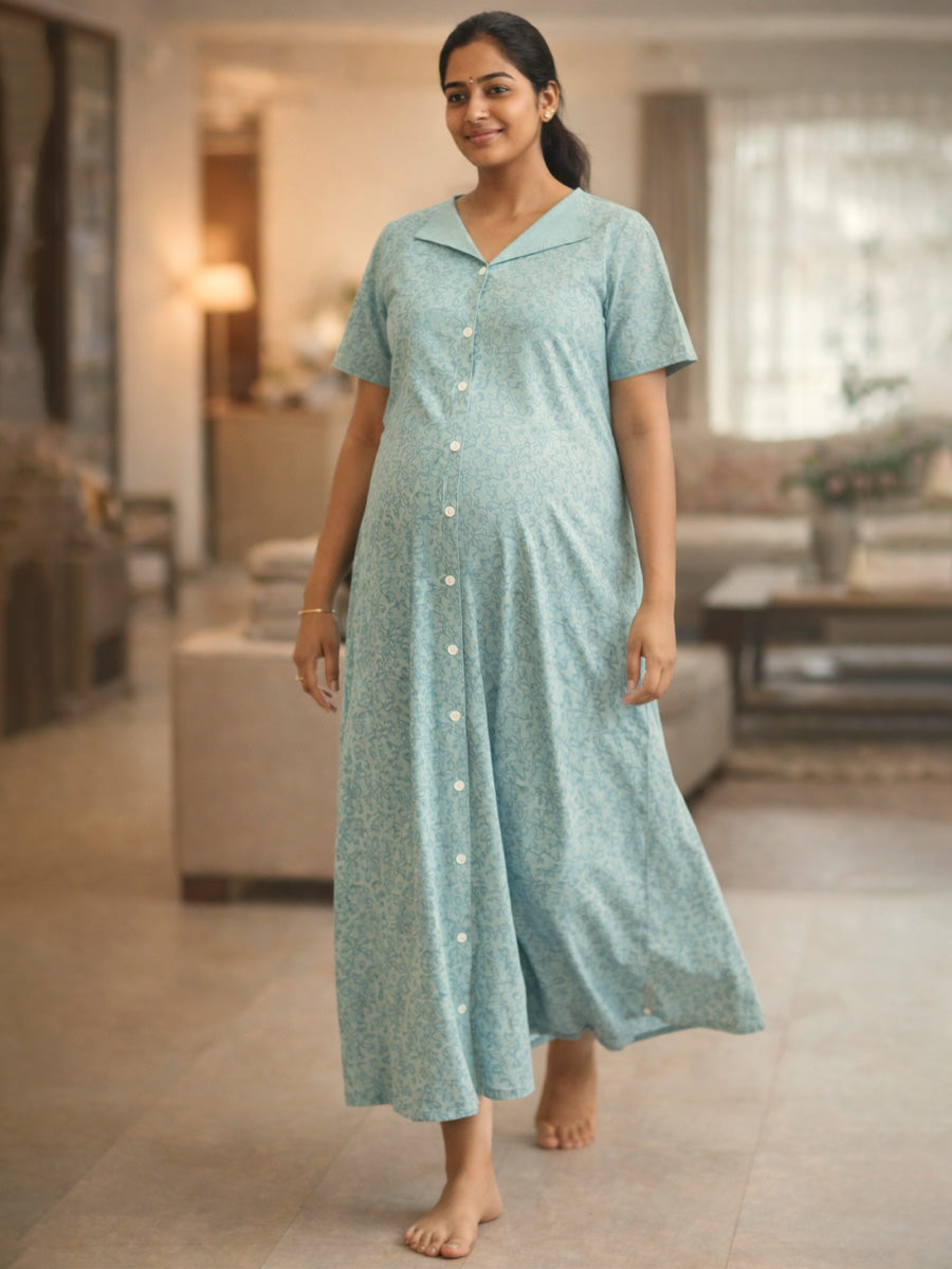Cotton Full Open Maternity & Nursing Nighty – Powder Blue Abstract Print – Full Length