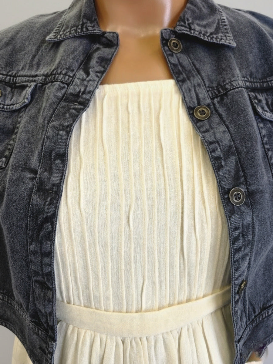 Light Cream Cotton Mull Maternity & Nursing Midi Dress with Soft Lining and Dark Grey Denim Jacket