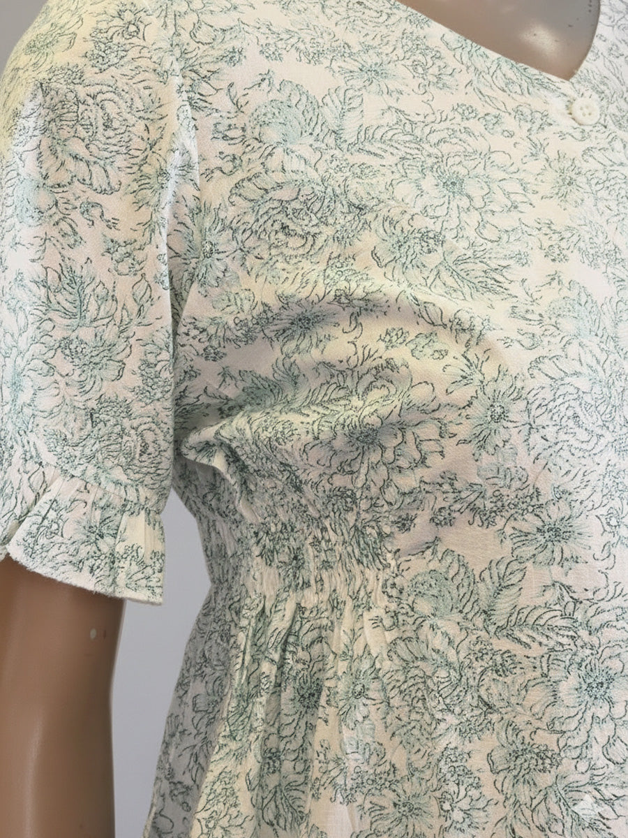 Ziva Cotton Full-Open Full-Length Maternity & Nursing Nighty – White & Aqua Blue Floral Print