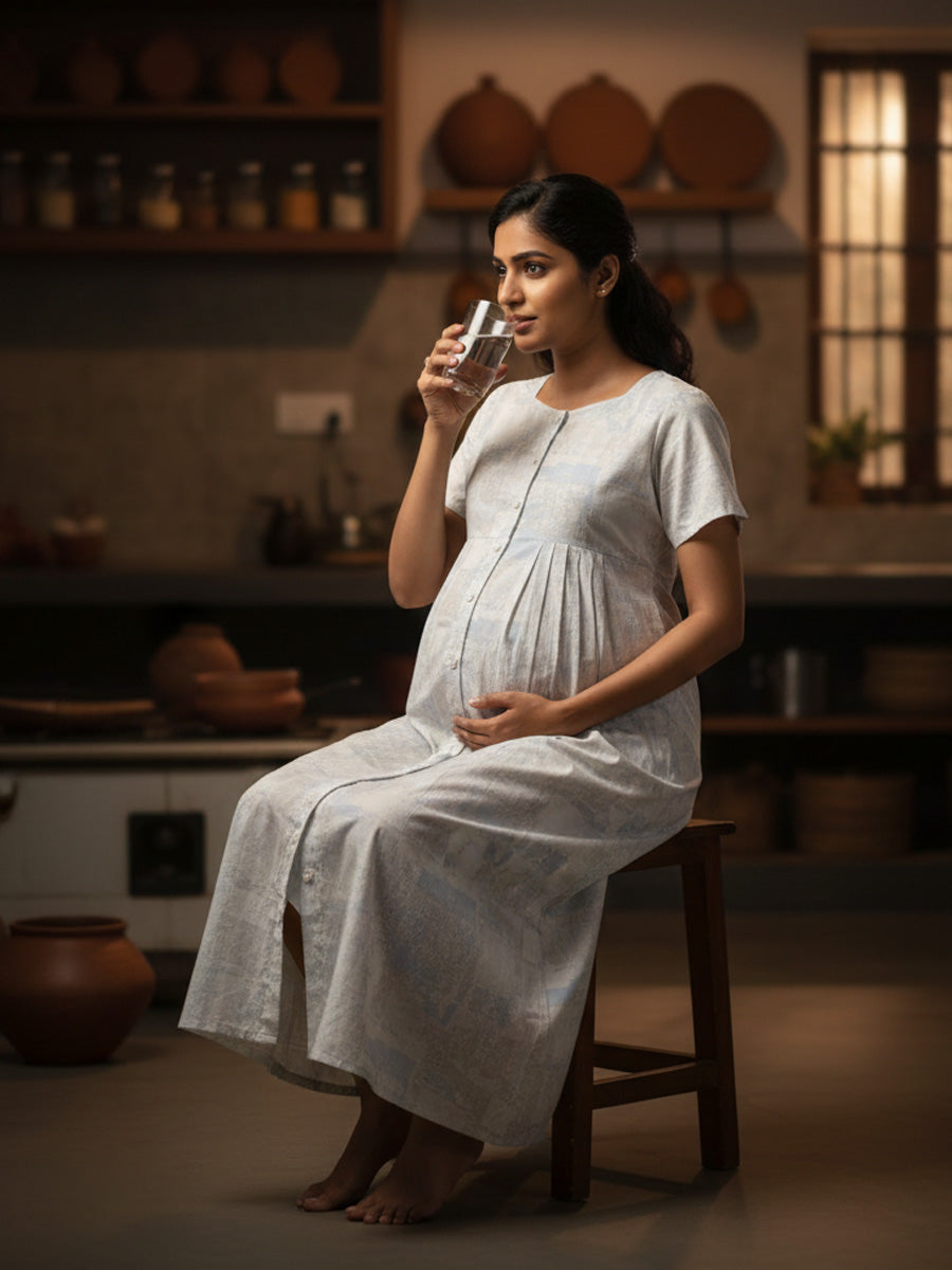 Cotton Full-Open Short Maternity Nighty – White Marble Print | ziva