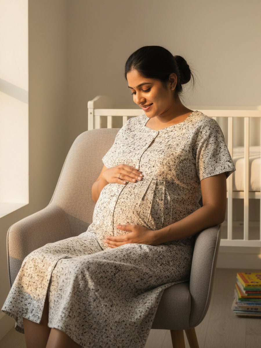 Cotton Full-Open Short Maternity Nighty – White Dobby Print | ziva