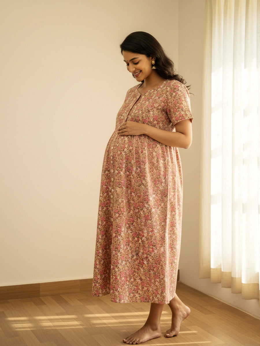 Cotton Full-Open Short Maternity Nighty – Light Brown Floral Print | ziva