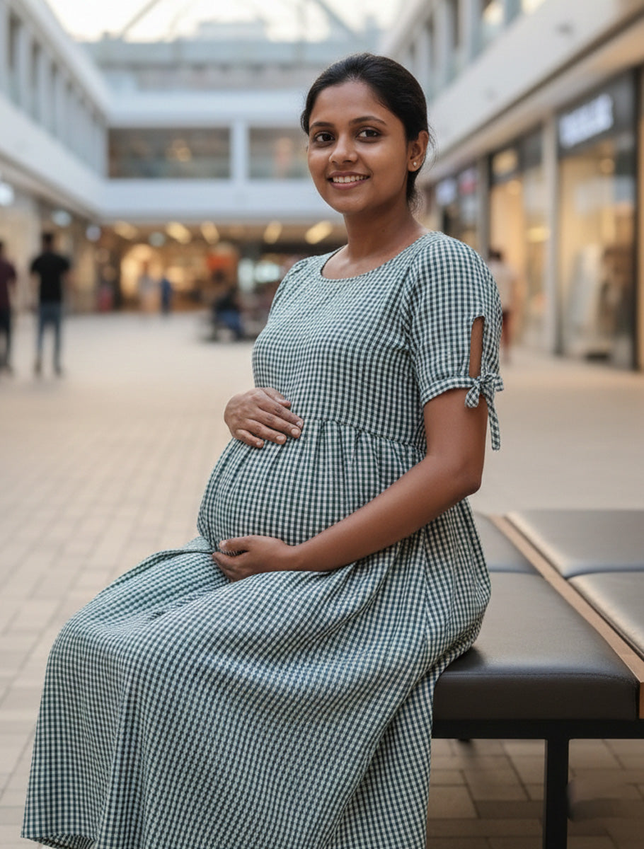 Trendy Maternity & Feeding Dress – Green & Off-White Gingham (Seersucker Fabric)