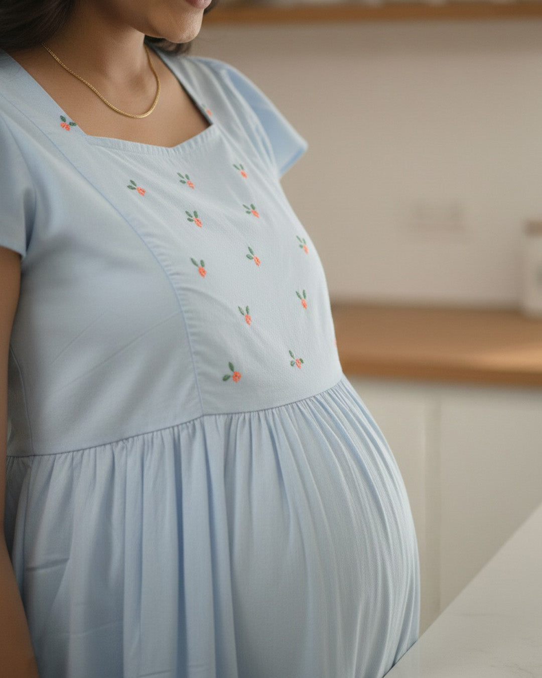 Blue Cotton Maternity and feeding Dress with Flutter Sleeves & Adjustable Side Ties