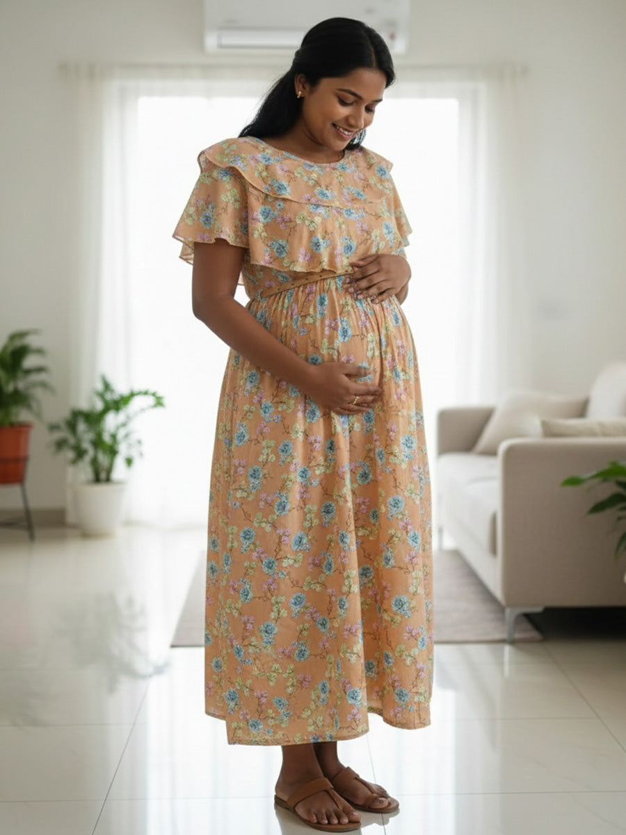 Light Orange Floral Overlay Maternity & Feeding Dress
