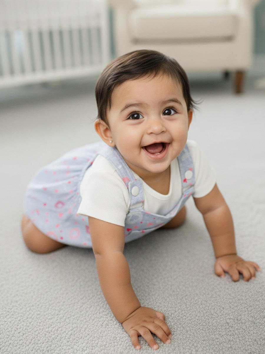 Grey-Blue Heart Print Overall Dress with White Inner Top – Soft Knitted Baby Girl Set