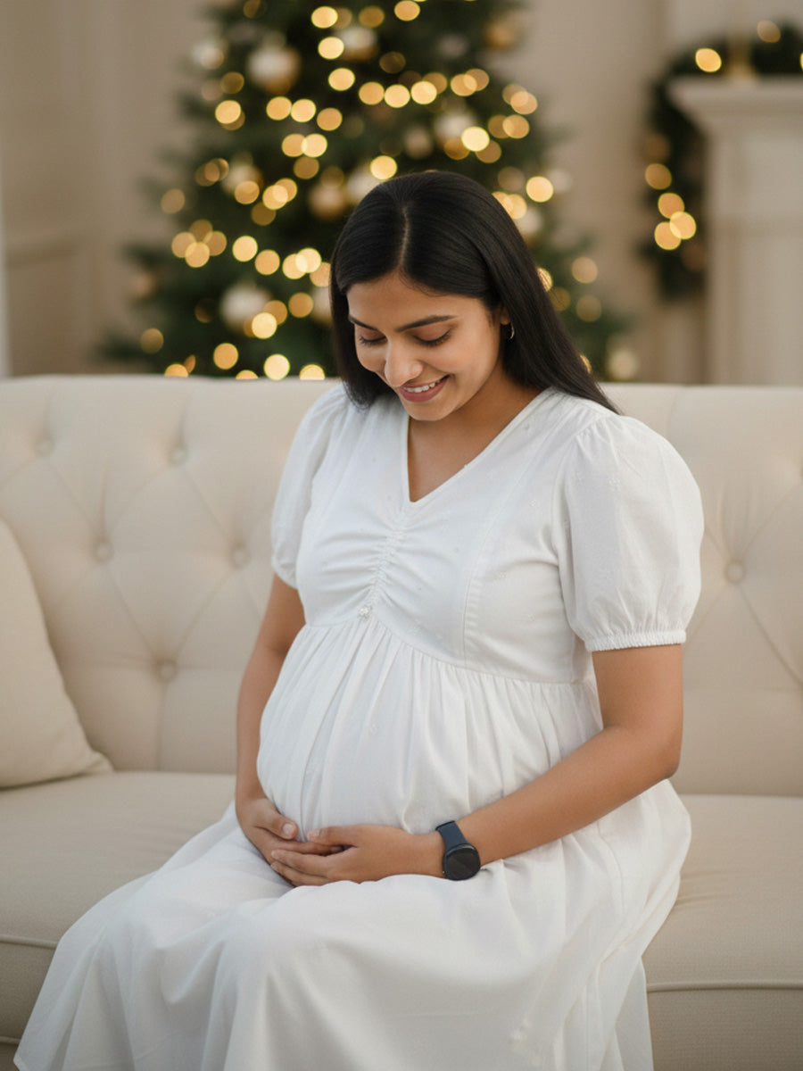 White Cotton Maternity & Feeding Dress with Bead & Thread Work – Christmas Edition