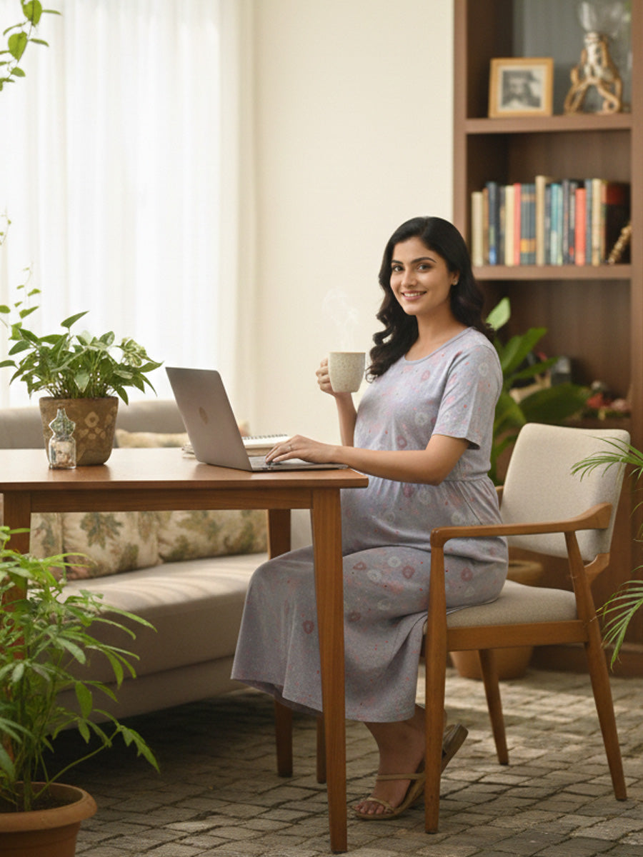 Zipless Maternity & Feeding Dress – Greyish Blue Melange Heart Print