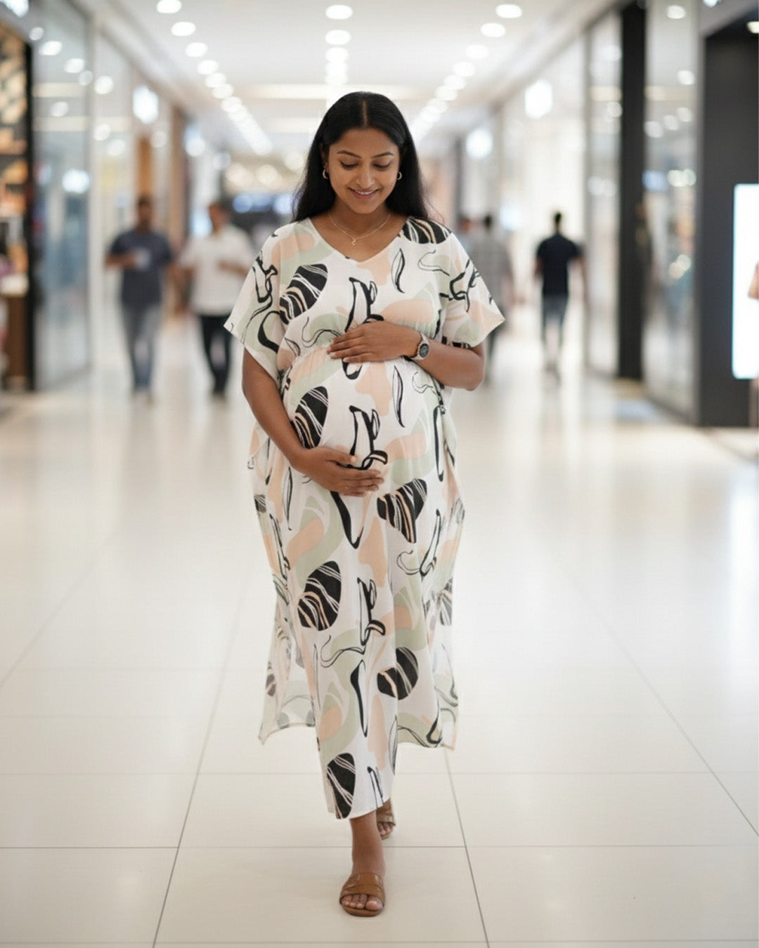 Maternity & Nursing Kaftan – White with abstract print & dual Zips | ziva
