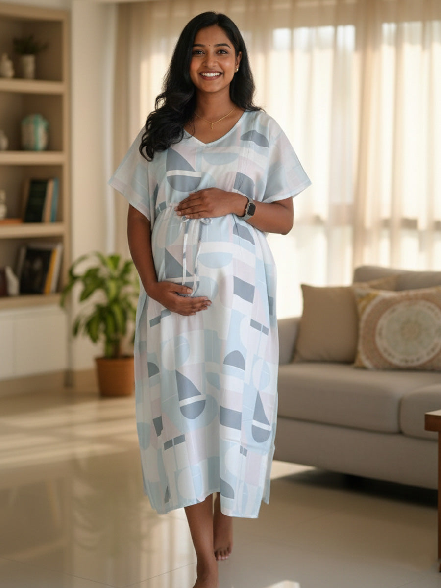 White Geometrical Print Maternity & Feeding Kaftan|ziva
