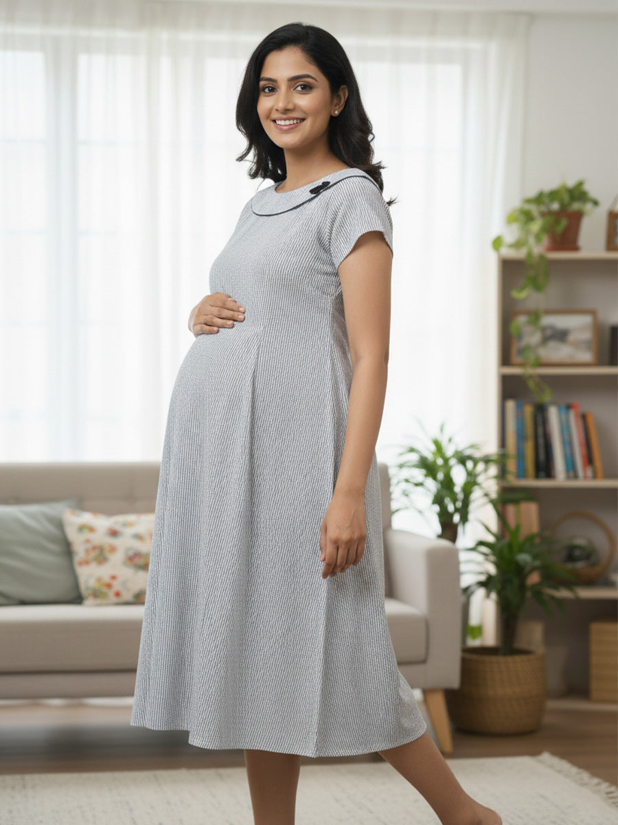 Pure Comfort Blue & Black Geometric Print Maternity & Nursing soft cotton Short Nighty | Ziva