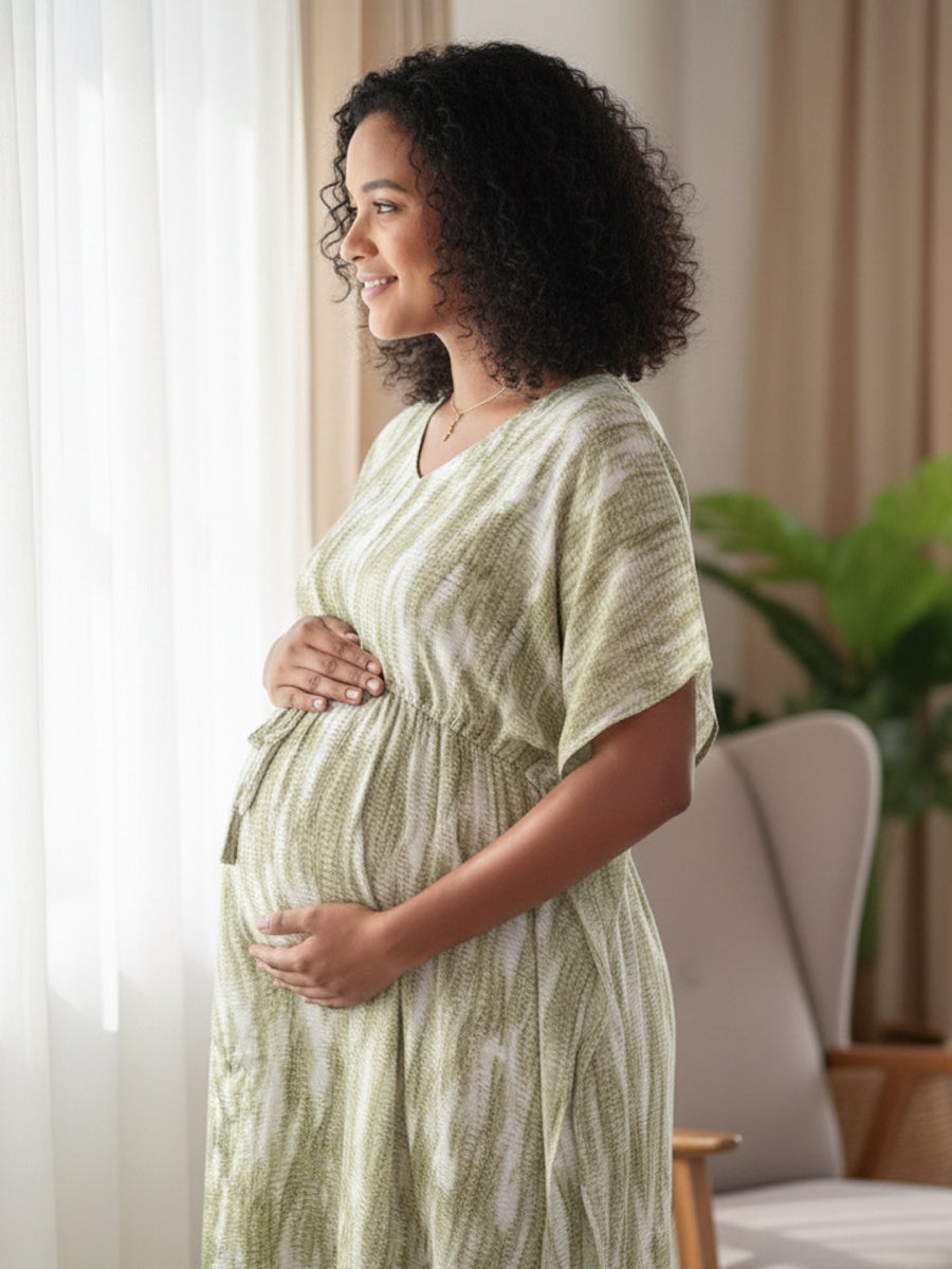 Off-White Pear Green Tie-Dye Maternity & Feeding Kaftan with Dual Nursing Zips