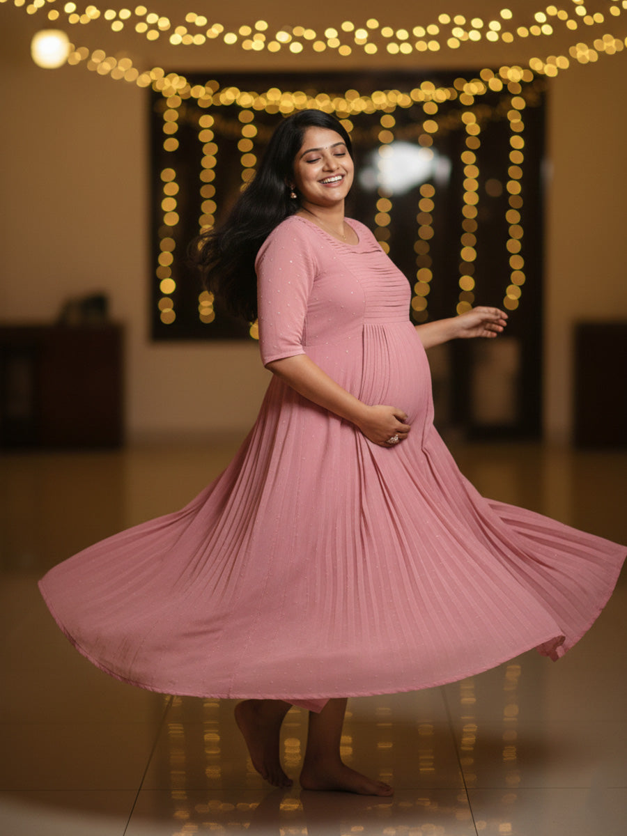 Dusty Pink Pleated Party Wear Maternity & Nursing Dress – Ziva