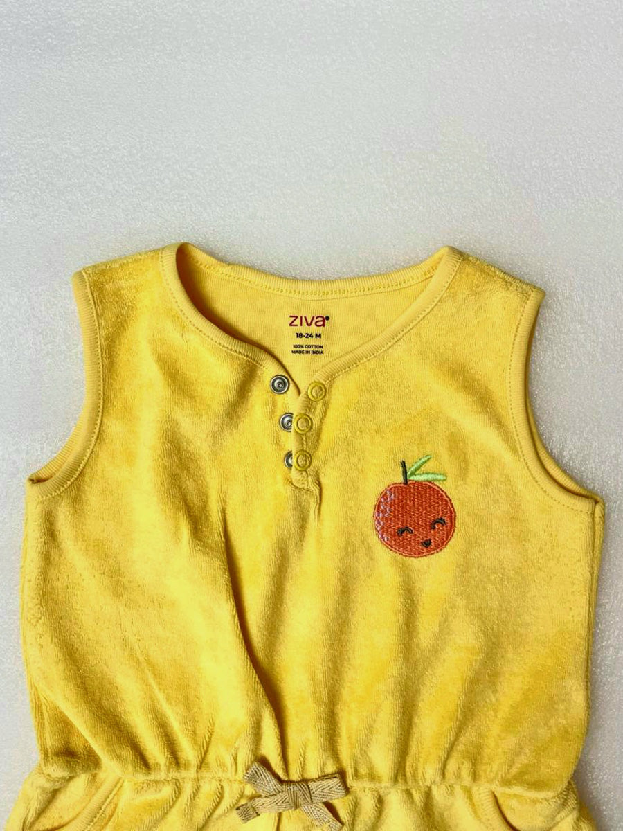 Yellow Color Jumpsuit in Terry Fabric with Orange Embroidery | 0–3M to 3Y