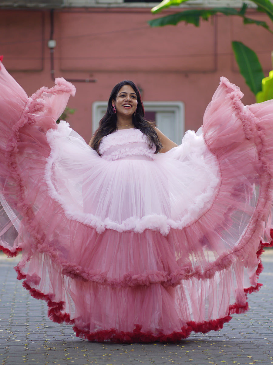 Stylish Baby Shower & Photoshoot Ombre Ruffle Pattern Maternity Gown in Pink–Peach–Red
