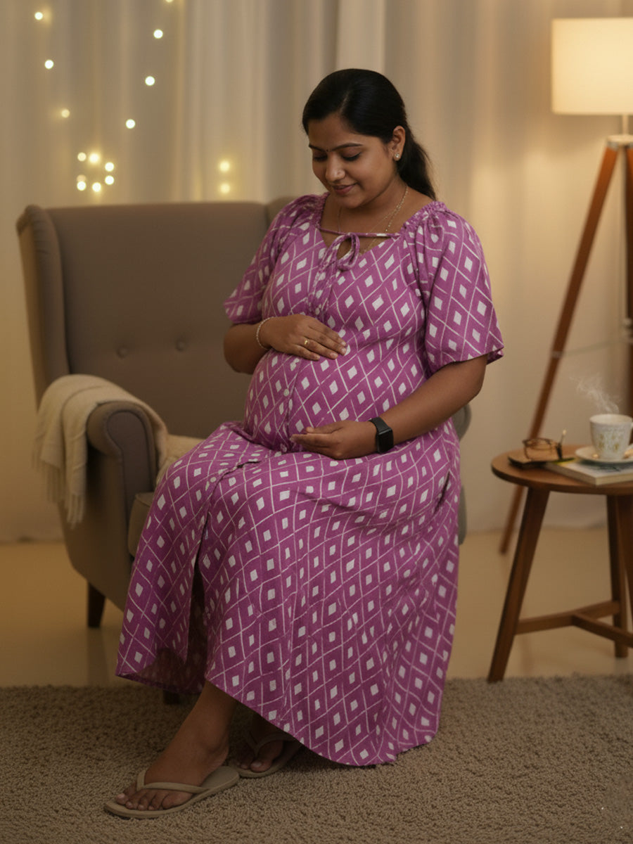 Maternity & Nursing Short Nighty – Purple Geometric Print by Ziva