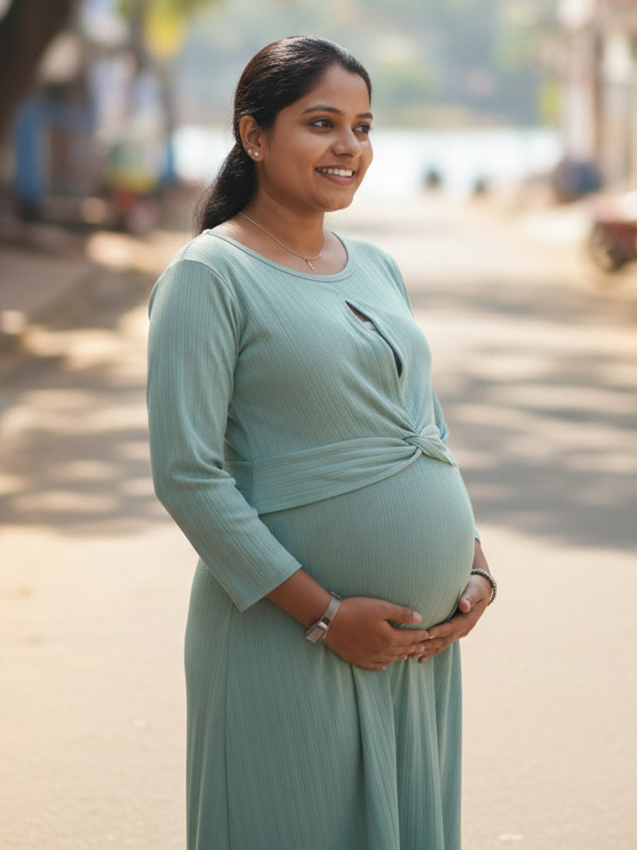 Green Twisty Knit Cotton Maternity & Nursing Dress (Zipless Feeding) – Ziva