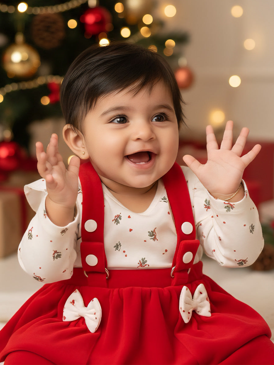 White Ruffle Sleeve T-Shirt & Red Velvet Suspender Skirt Baby Girl Outfit