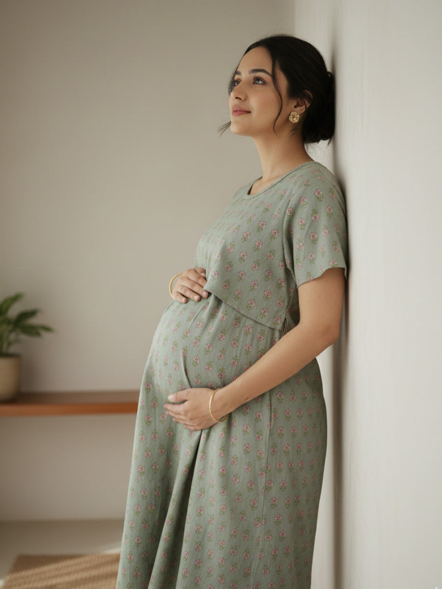 Zipless Maternity & Feeding Dress – Olive Green Floral Print | Ziva