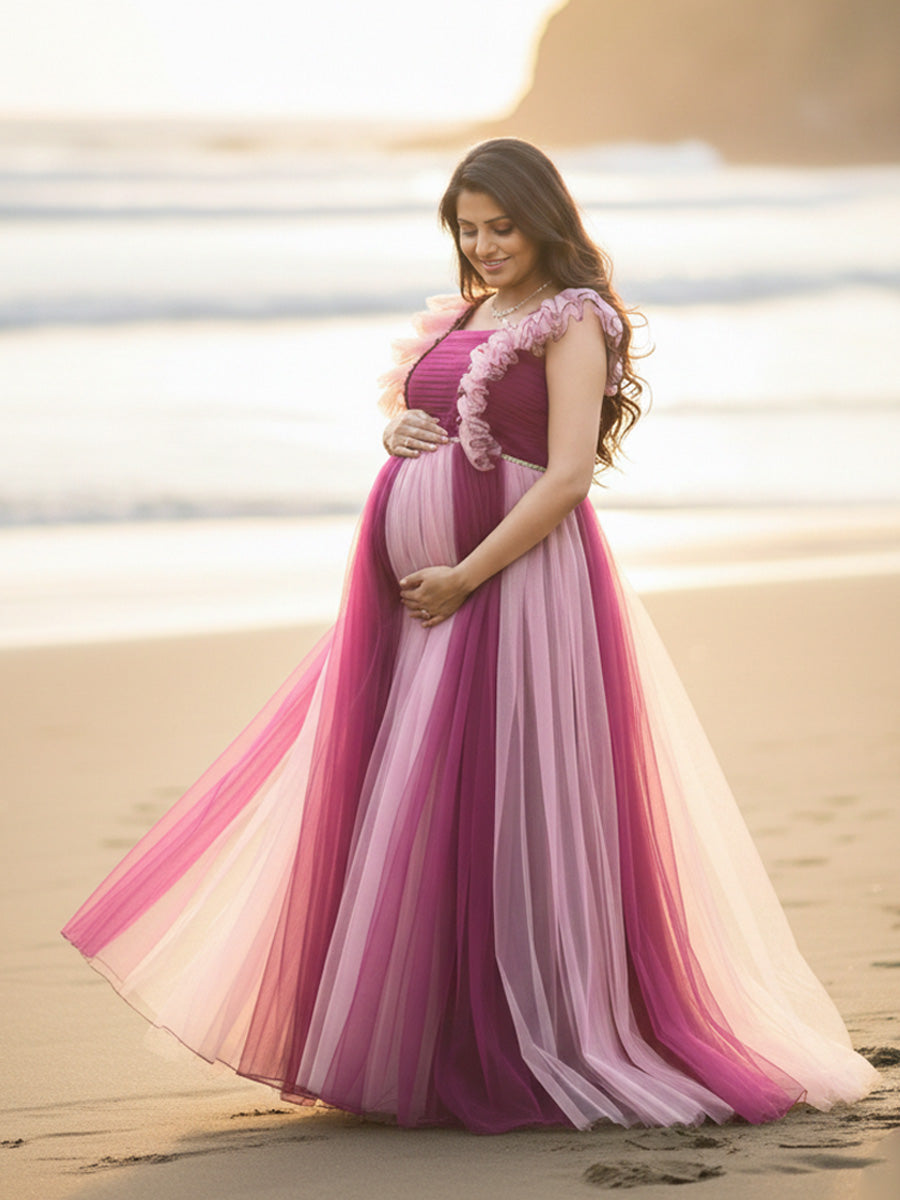Wine & Pink Shaded Baby Shower & Photoshoot Gown with Pleated Yoke and Flowing Net Skirt