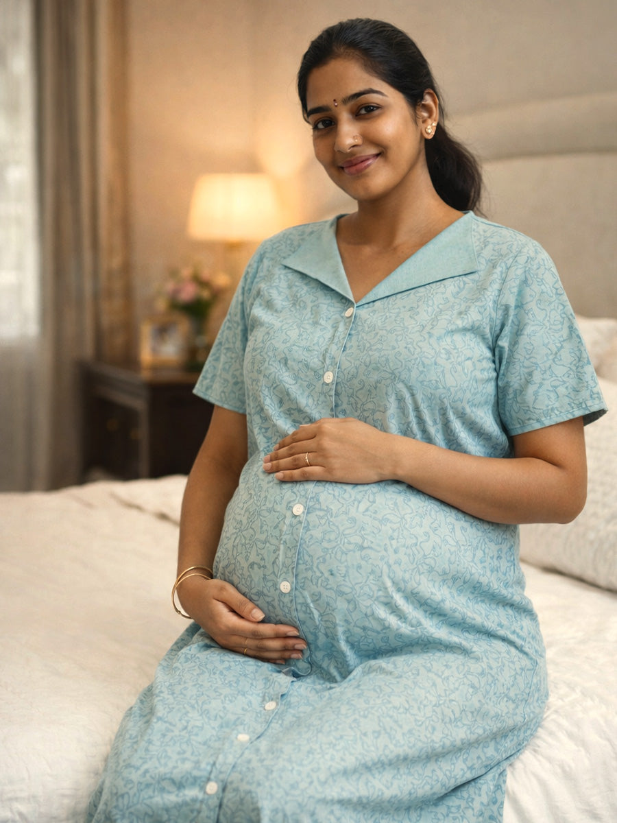 Cotton Full Open Maternity & Nursing Nighty – Powder Blue Abstract Print – Full Length