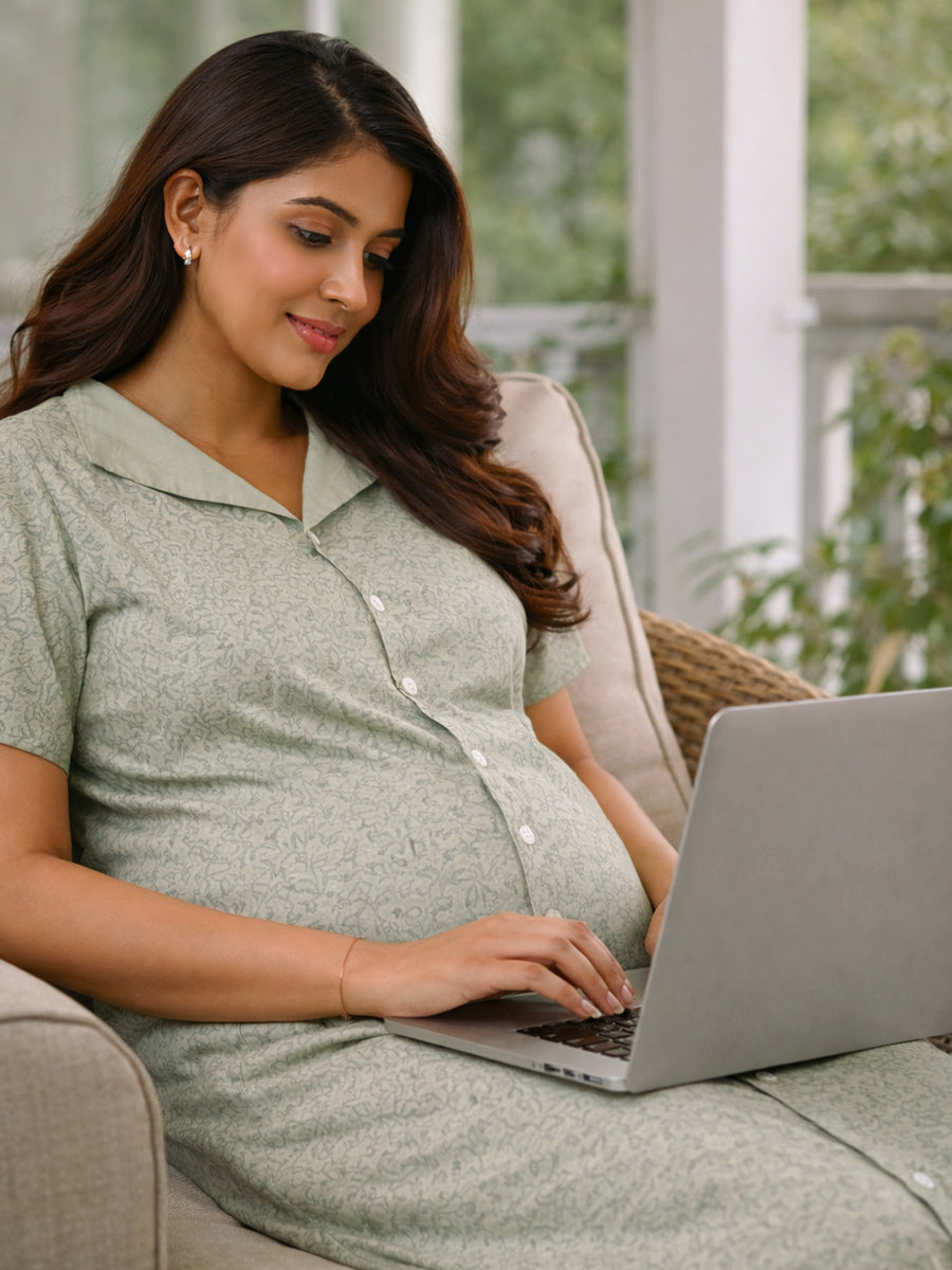 Cotton Full Open Maternity & Nursing Nighty – Light Lavender Abstract Print – Full Length