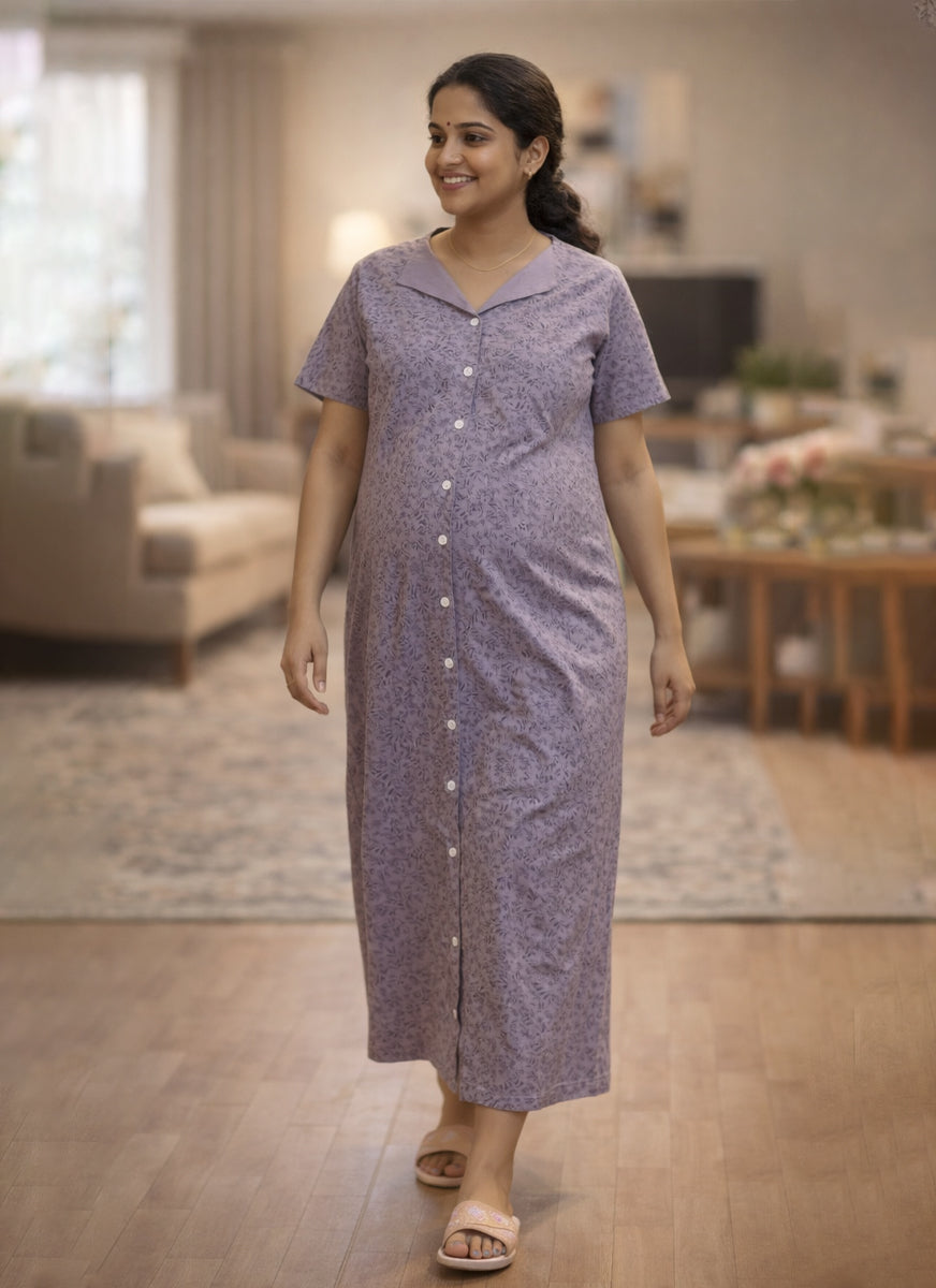 Greyish Purple Floral Print Cotton Full Length Maternity & Feeding Nighty (Full Open)