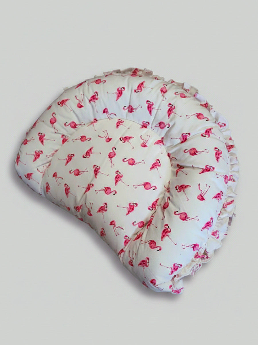 Ziva Cotton Baby Net Bed with Head Rest (Flamingo Pink Print on White Fabric)