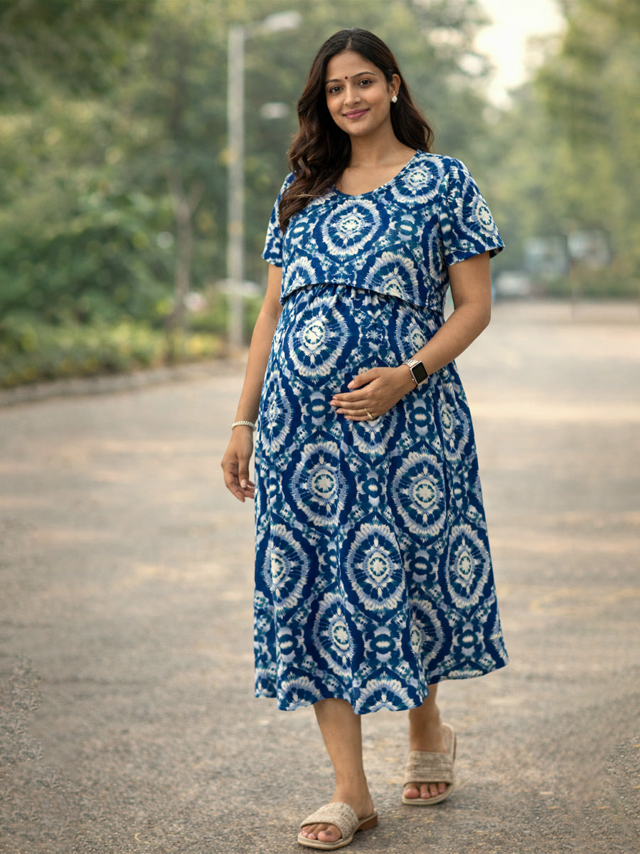 Maternity & Feeding Zipless Gathered Dress – Peacock Blue | Ziva