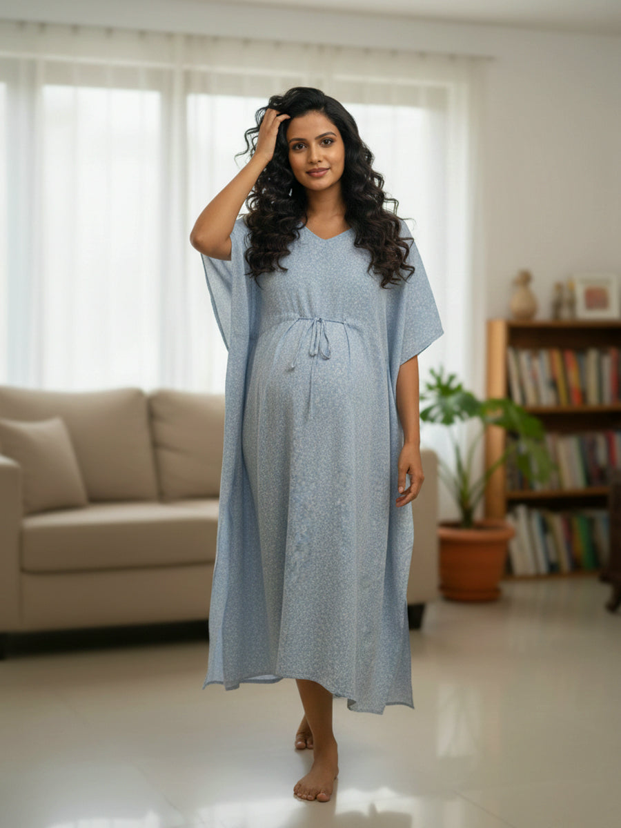 Powder Blue Ditsy Floral Premium Maternity & Nursing Kaftan | Ziva