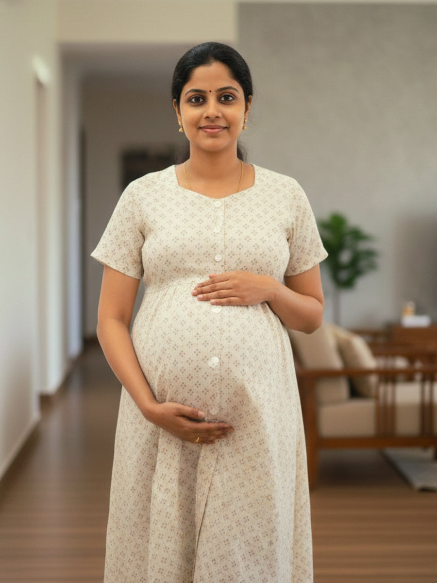 Ziva Cotton Full Open Short Maternity & Nursing Nighty – Cream Floral Print