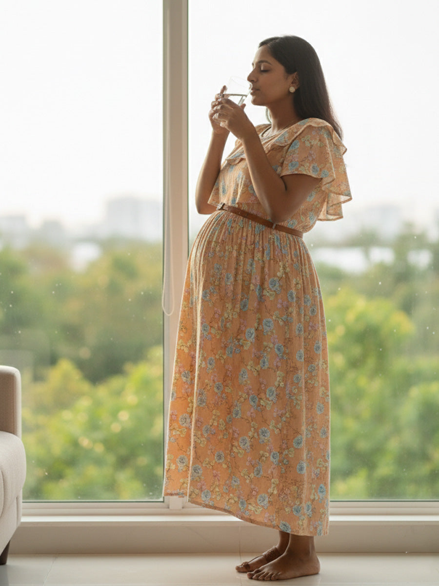 Light Orange Floral Overlay Maternity & Feeding Dress